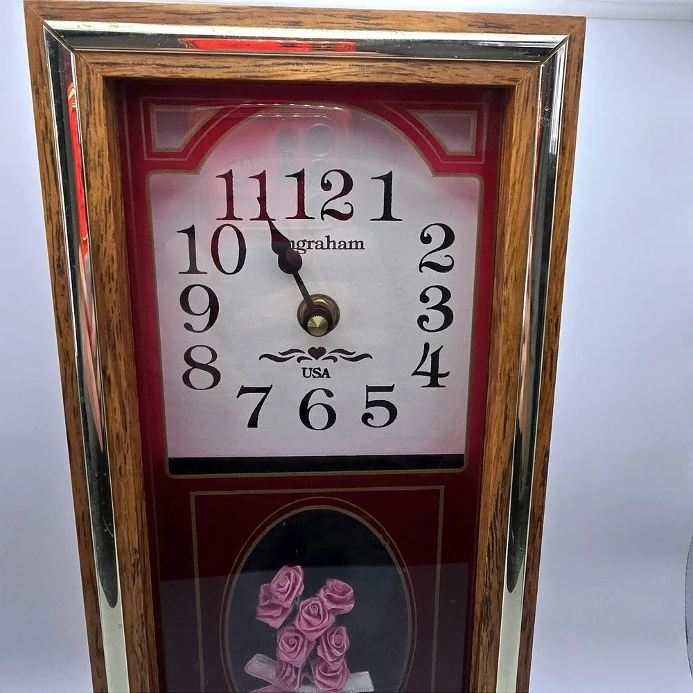 Vintage Ingraham Home Sweet Home Floral Wall Clock Wood Frame USA 12 In
